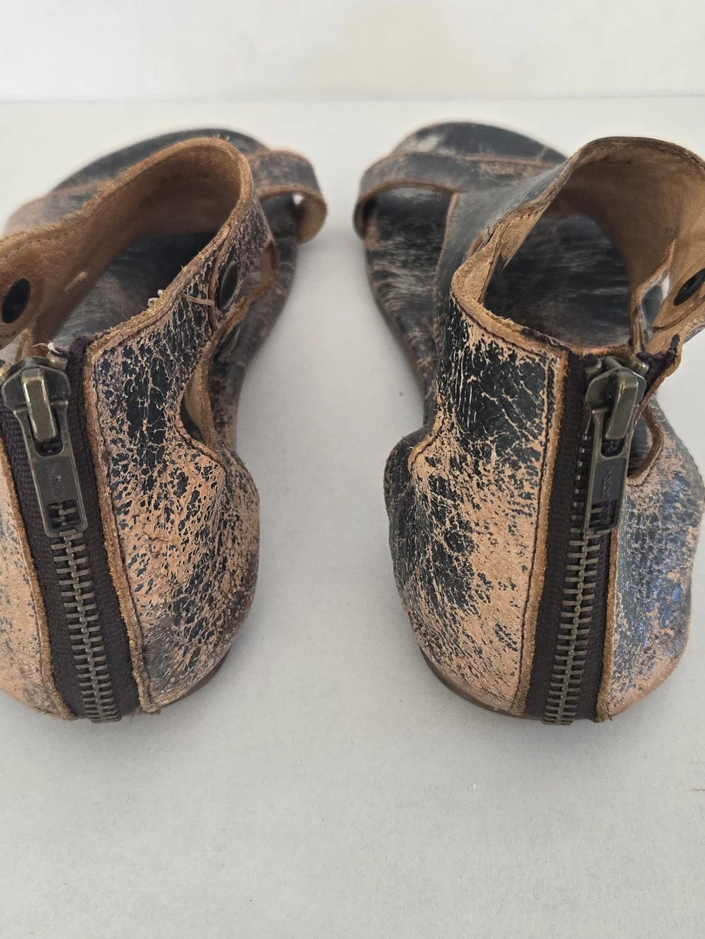 BED|STU Distressed Two-Tone Black & Tan Leather Cutout Sandals